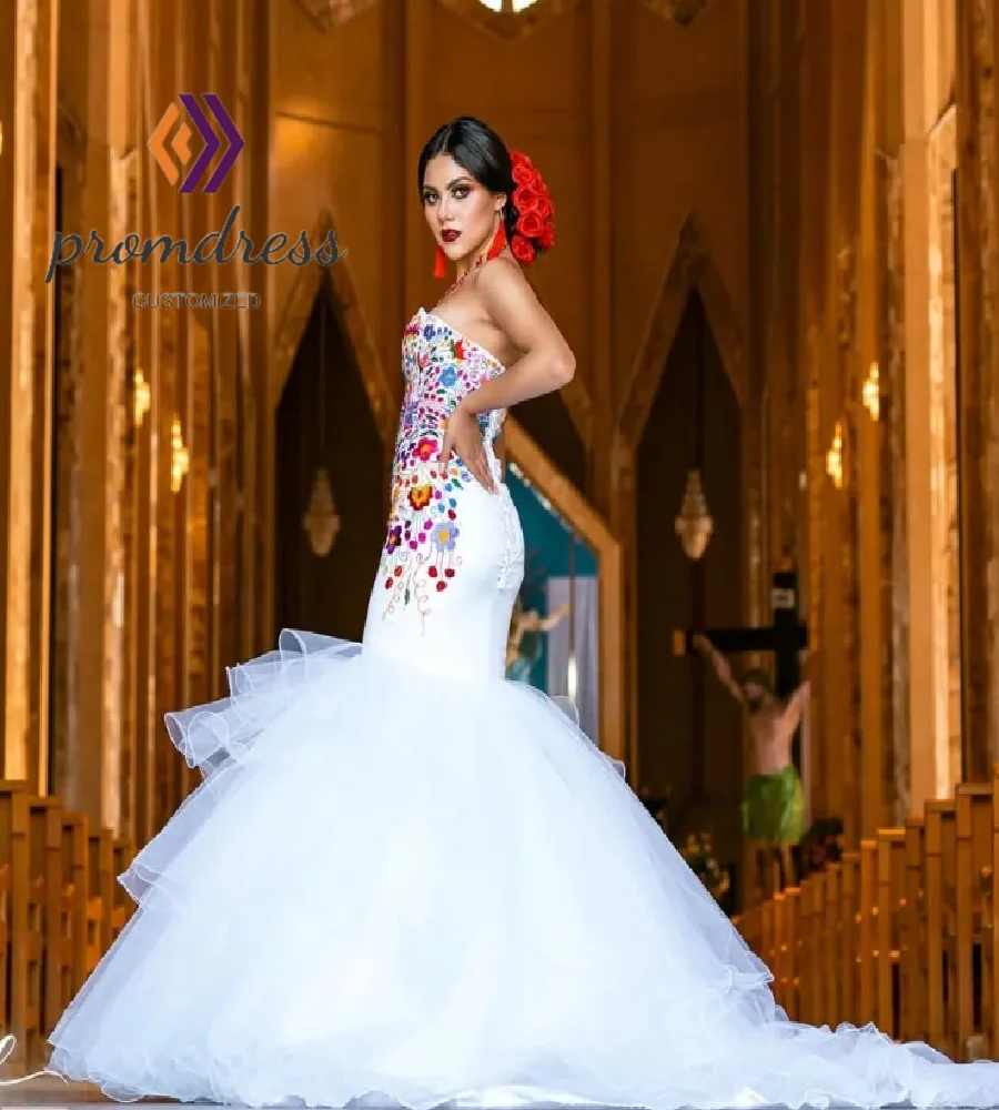 Lindo vestido de casamento mexicano com bordado gracioso sereia pastel vestido de noiva elegante 2025 espartilho boêmio inspirado noiva