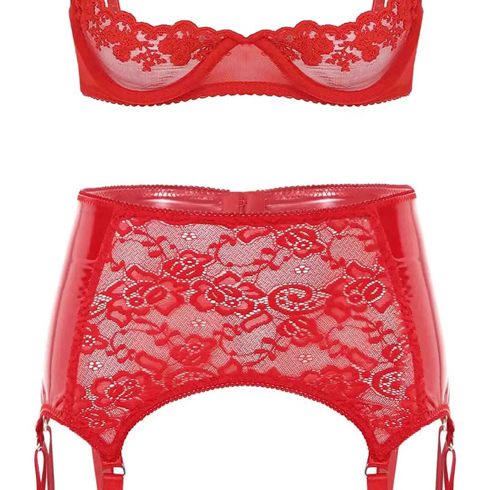 

Adult Women Tempting Floral Lace Bra Top with PU Leather Lace Garter Belt Sets for Couple's Lingerie Tempting Nightwear Costumes