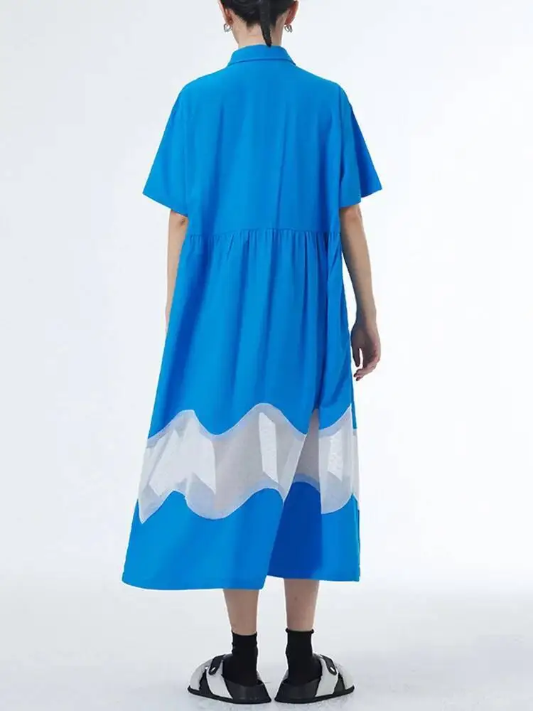 المرأة الأزرق منظور كبير الحجم قميص فستان جديد طية صدر السترة قصيرة الأكمام فضفاضة تناسب الموضة المد الربيع الصيف #3