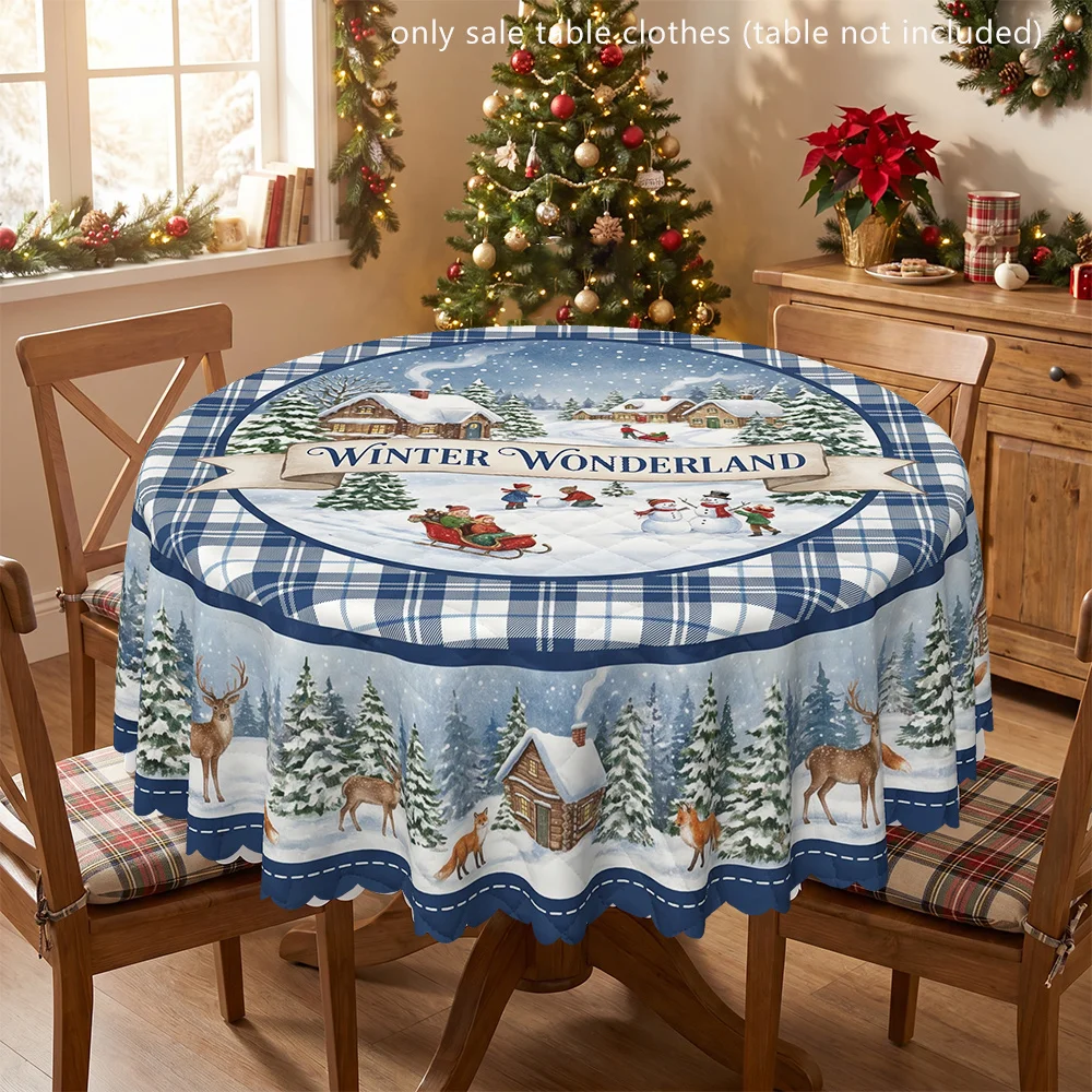 Winter Wonderland Snow Village and Wildlife Polyester Printed Tablecloth, Round Table Cover