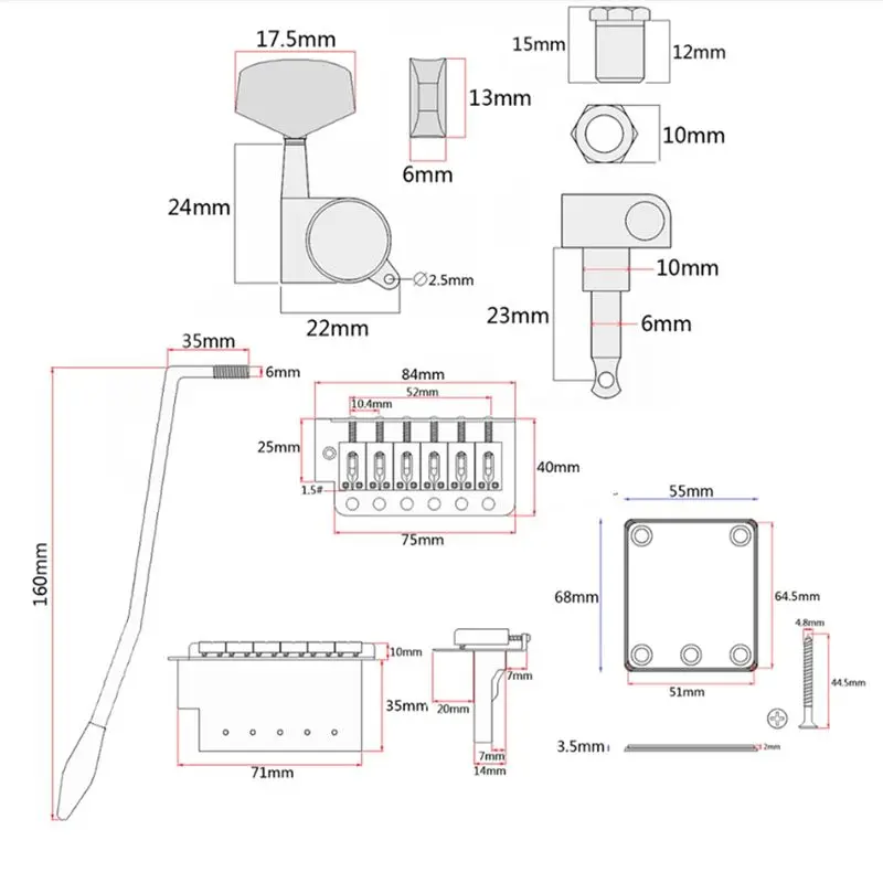 

(AD10) Полный комплект аксессуаров для самостоятельной сборки электрогитары, включая предварительно подключенные звукосниматели для пикгарда и моста, а также другие гитарные аксессуары.