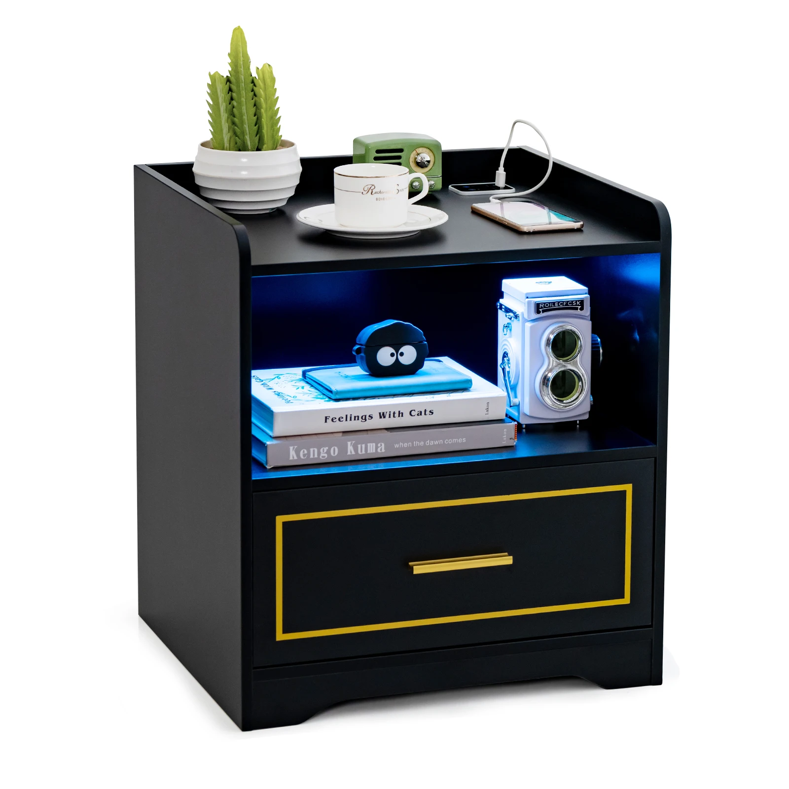 Bedside table with LED light, USB port and Type-C charging station, bedside cabinet with motion sensor, side table table with open compartment