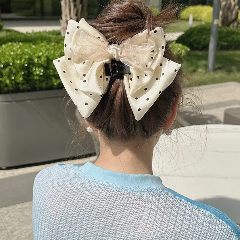Large Polka Dot Bow Ponytail Hair Claw Clip Premium Acrylic Non Slip for Back Head Women Daily Home Party