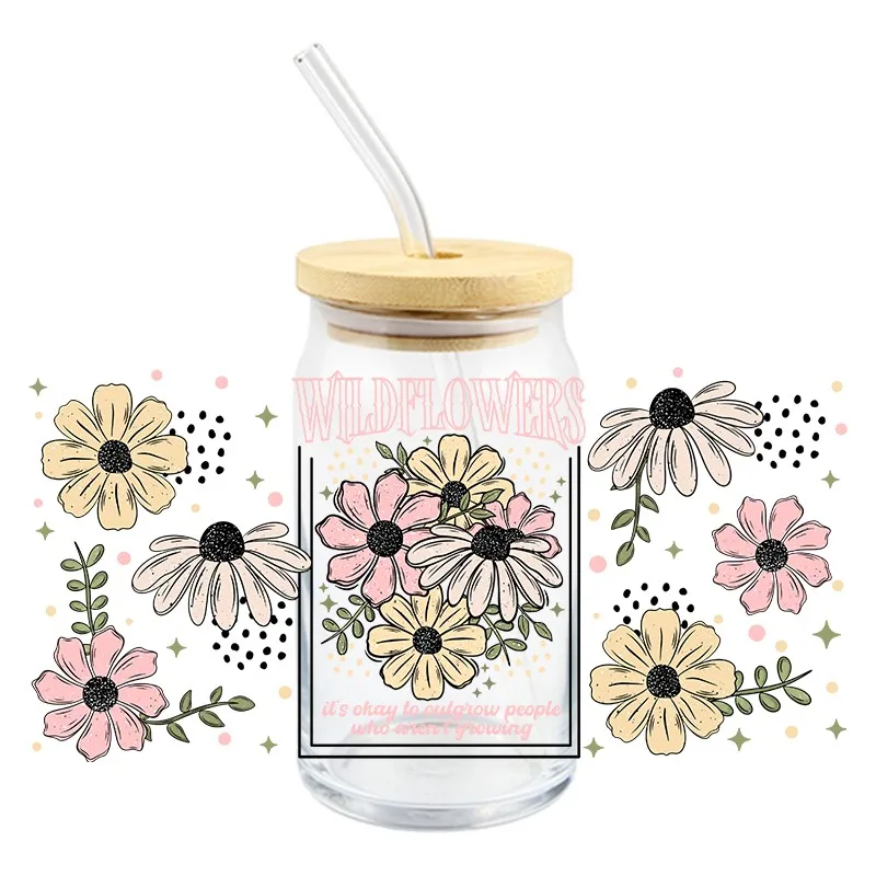 UV DTF Sticker Flowers Theme For The 16oz Libbey Glass Wraps Cup Can DIY Waterproof Easy To Use Custom Decals Fashion