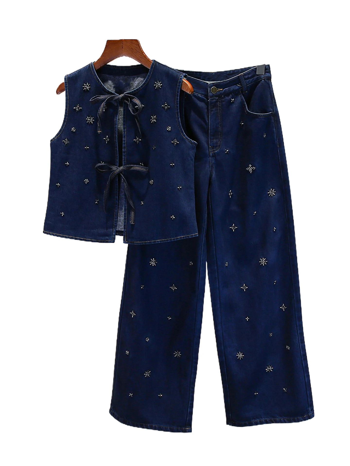 Conjunto Faion de alta gama para mujer, chaleco vaquero con cuentas, pantalones de pierna ancha, cintura alta, fibra de poliéster, redondo, Ne ort Sle