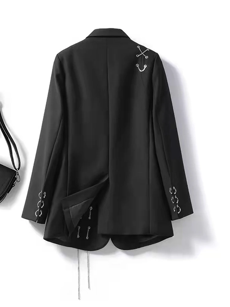 Women Black Chain Buckle Big Size Blazer New Lapel Long Sleeve Loose Fit Jacket Fashion Spring Autumn