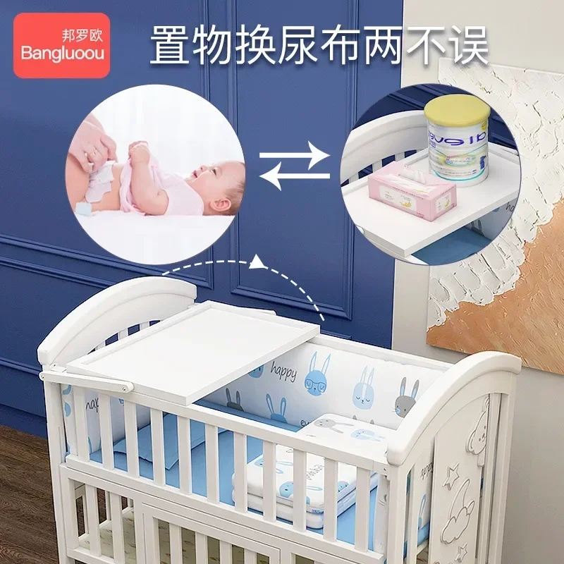 Tempat tidur bayi baru lahir, tempat tidur bayi baru lahir bahan kayu padat gaya Eropa putih dapat dilepas, ayunan multi-fungsi untuk anak baru lahir