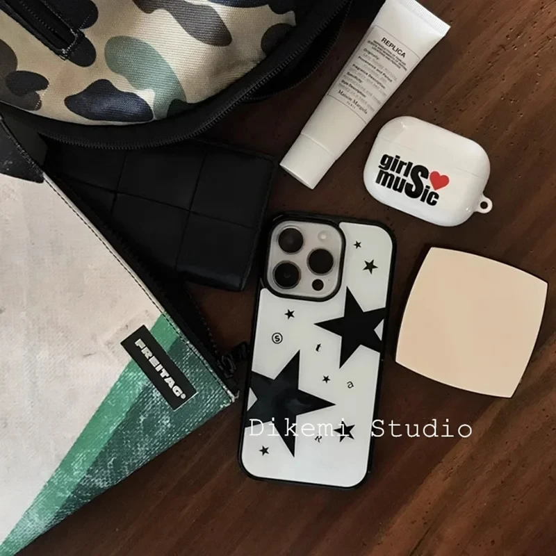 Ins Coreano Black Star Cool Fashion Giovane Ragazza Cassa Del Telefono Per iPhone 16 15 14 13 12 11 Pro MAX 14 15 16 PLUS Y2K Trasparente Della Copertura Morbida