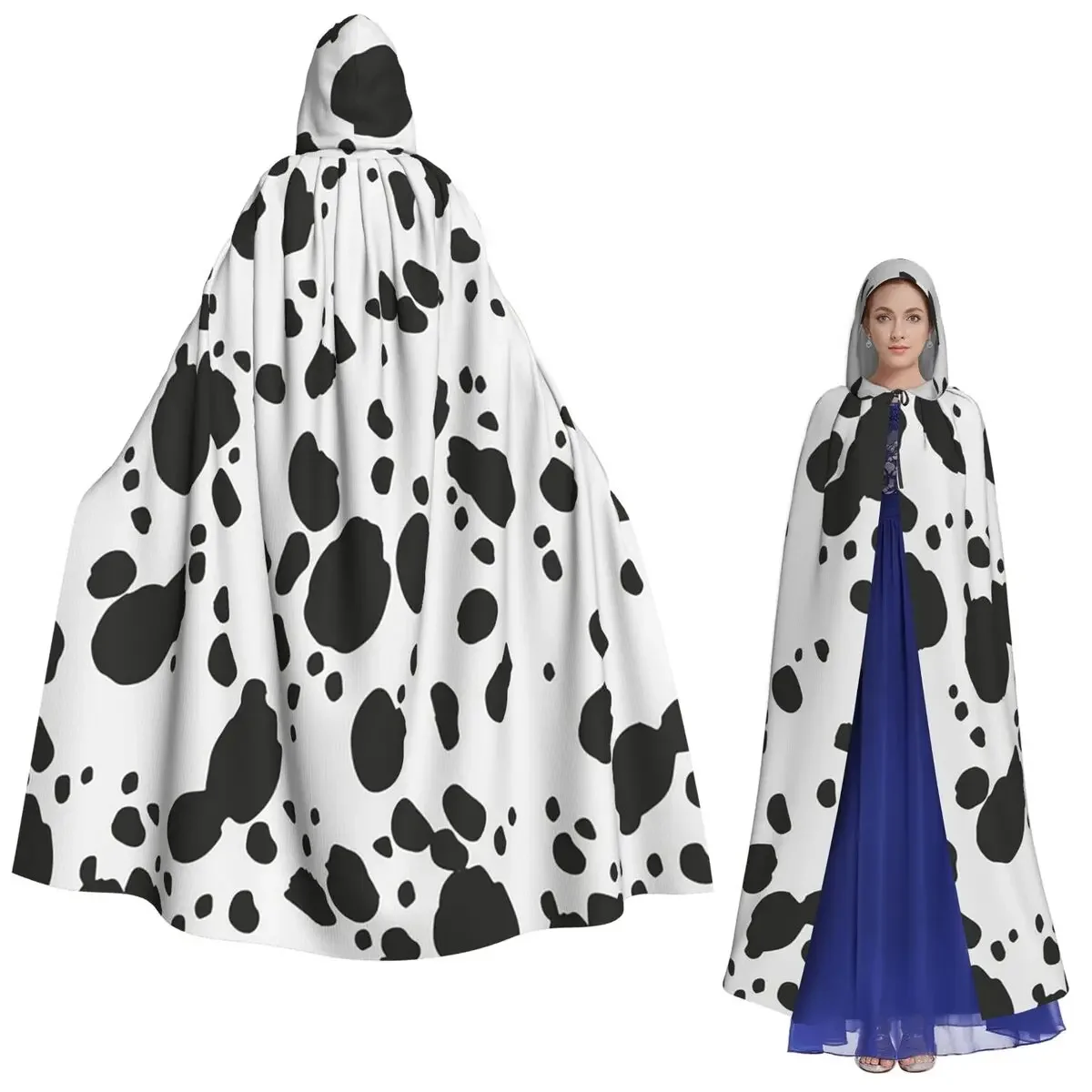 Capa larga con capucha para adulto, traje Medieval de bruja, capa de Cosplay con estampado de perro dálmata, color blanco y negro