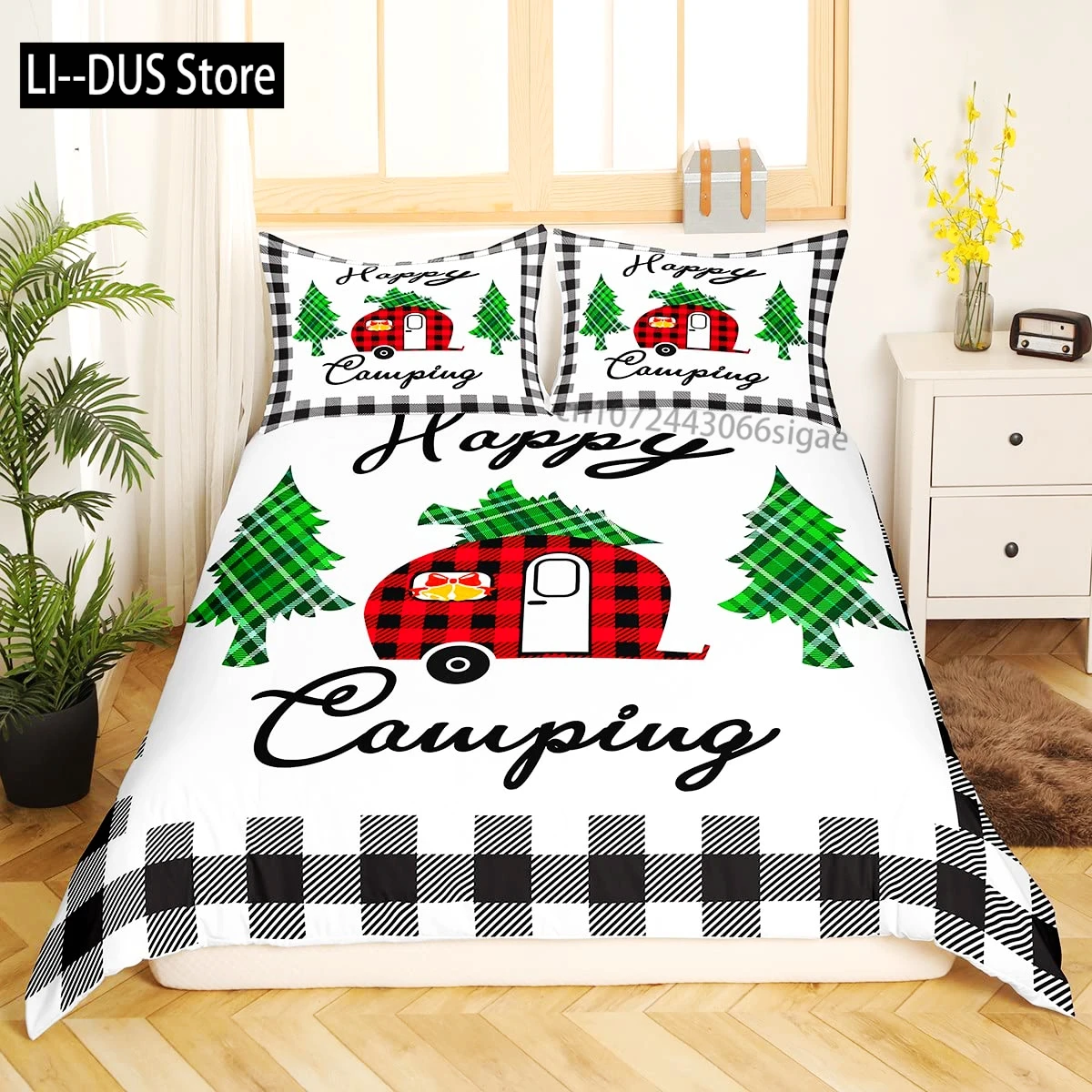 

Camping Bedding Set Twin King Full Size for Teens Adult Duvet Cover Happy Camping Comforter Cover 3 Pieces with 2 Pillowcase
