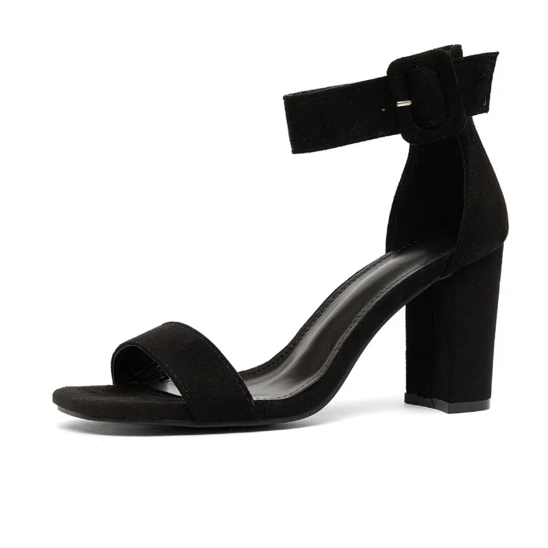 

Solid Color Chunky Heel Square Toe Mid Heel Sandals Women Summer Large Size Roman Style Velvet Surface Casual Fashion
