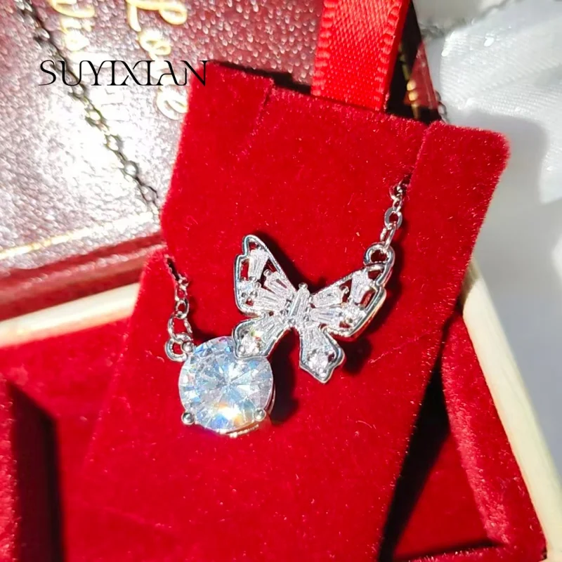 

925 Sterling Silver Stylish Sweet Butterfly Round Zircon Pendant Necklace Birthday Party Anniversary Gift