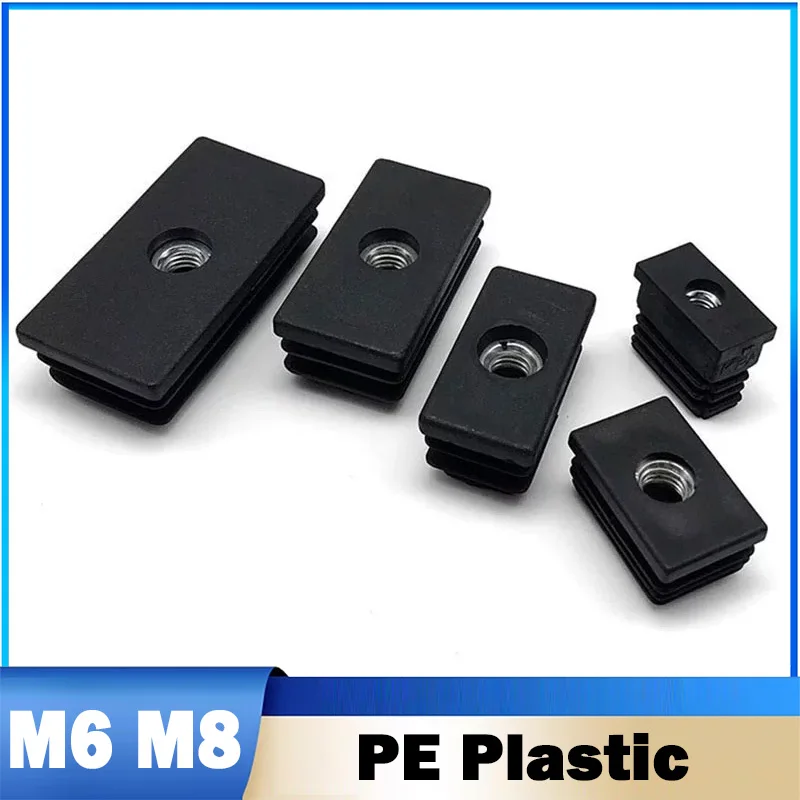 4Pc M6 M8 PE Plastic Black Rectangular Pipe Plugs with High Foot Pad Nut Tube Plug Home Foot Pad Balance Adjustable Wheel Sleeve