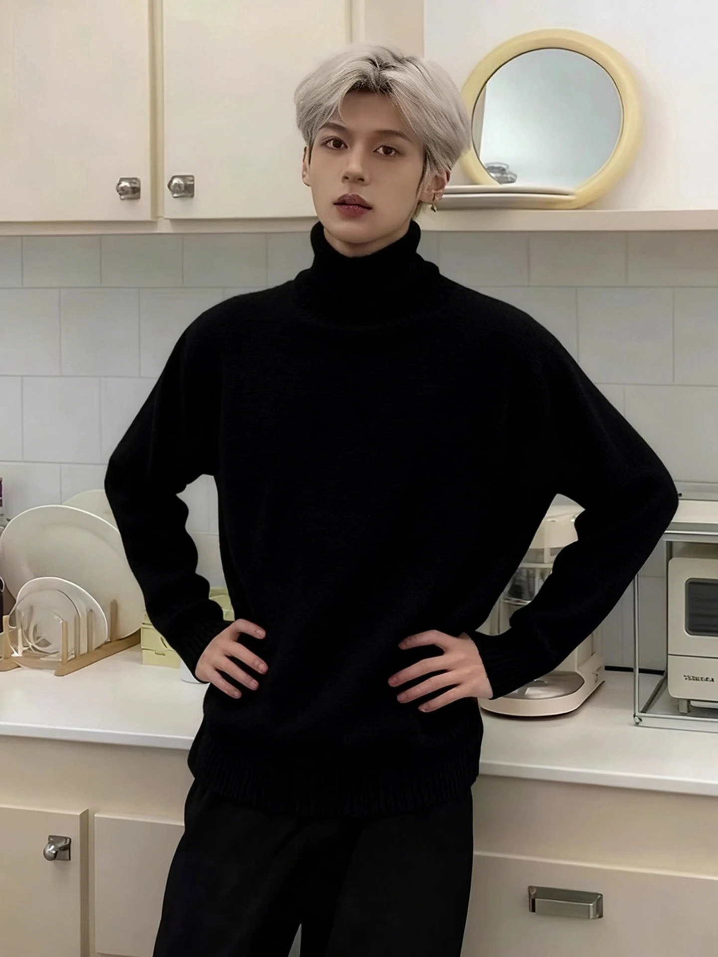 

Men's High Collar Fce Lined Thiened Knitwear Winter Warm Inner Wear Casual Sle Polyester Nylon Blend Long Sve Top