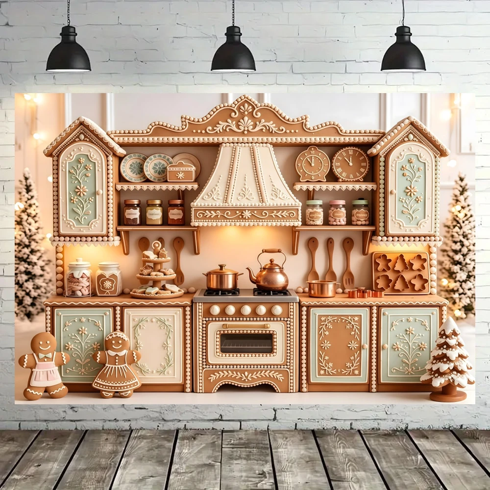 Winter Gingerbread House Kitchen Backdrop Cute Cookie Man Christmas Party Family Photo Booth Photography Background Decor Props