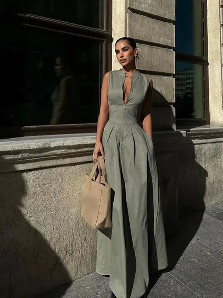 Vestido de verano ajustado sin mangas con cremallera para mujer, ropa informal con cuello redondo, dobladillo plisado, cintura alta, 2024