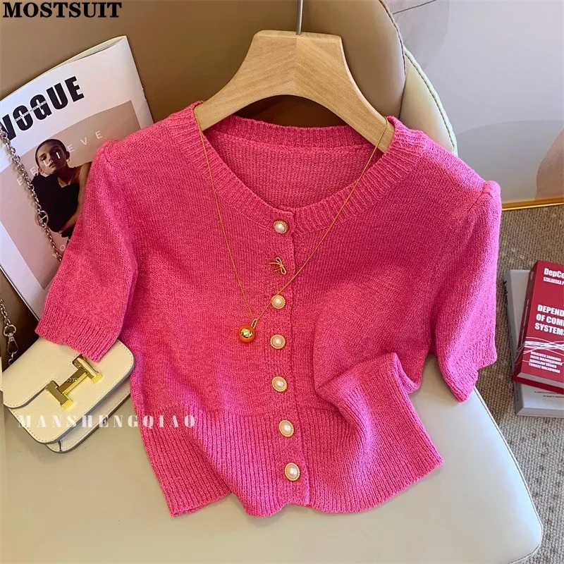 2024 Summer Elegant Knit Women's Sweater Crop Tops Short Sleeve O-neck Single-breasted Knitwear Solid Slim Fashion Ladies Jumper