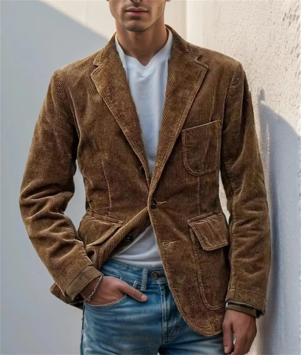 

Retro corduroy men's jacket Hunting style Blazers Versatile men's coat for autumn and winter multi-pocket Tailor-made man Coat