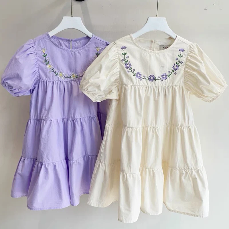 1-6Yrs Girls Fashion Embroidered Flower Dress Summer New Little Girls Toddler Princess Dresses Kids Short Sleeve Party Clothes