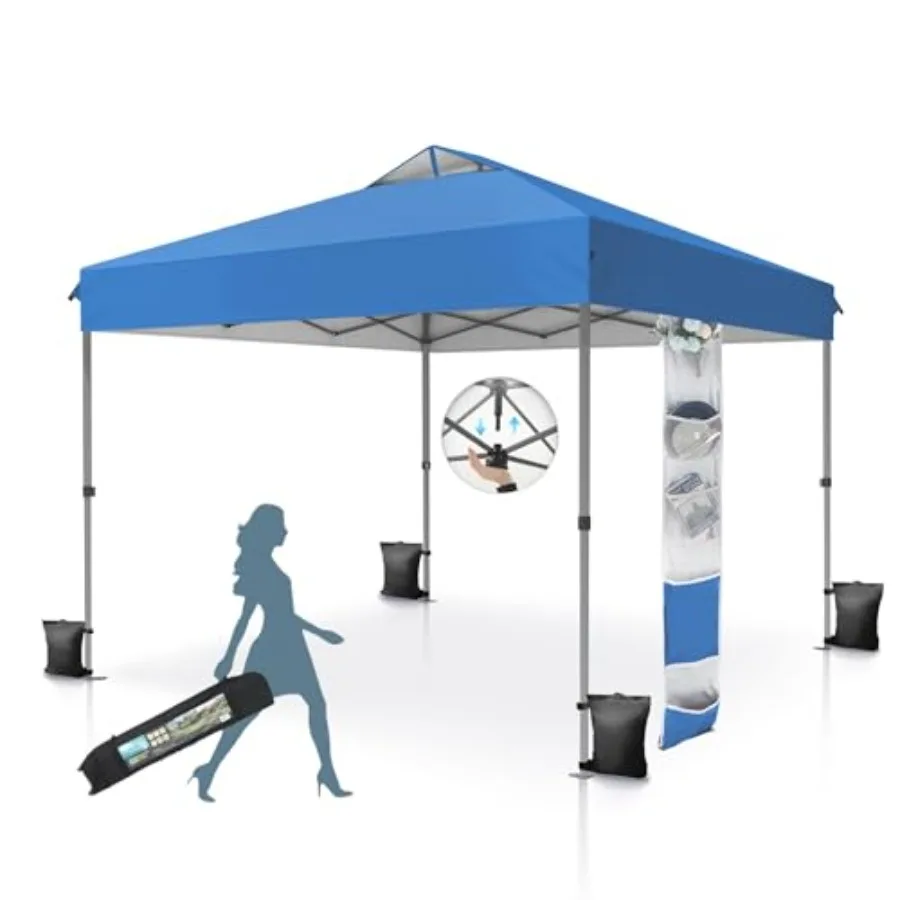 

Beach canopy tent, polyester, blue, instant pop-up setup for one person with vented top, sandbags, and storage