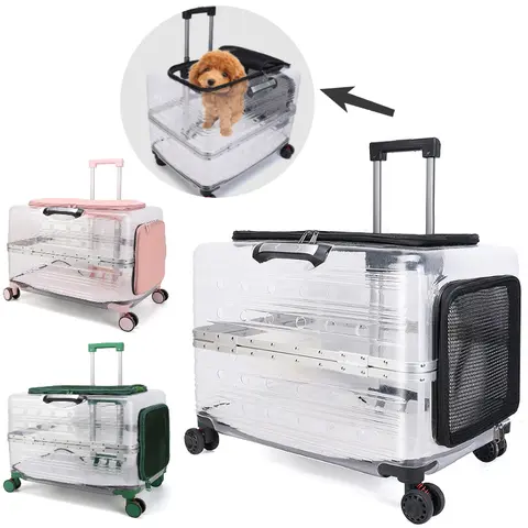 1Pc Clear Pet Suitcase with Wheels for Travel Rooling Hard Cat Carrier Stroller with Pad and Handle for Cats Dog and Puppy