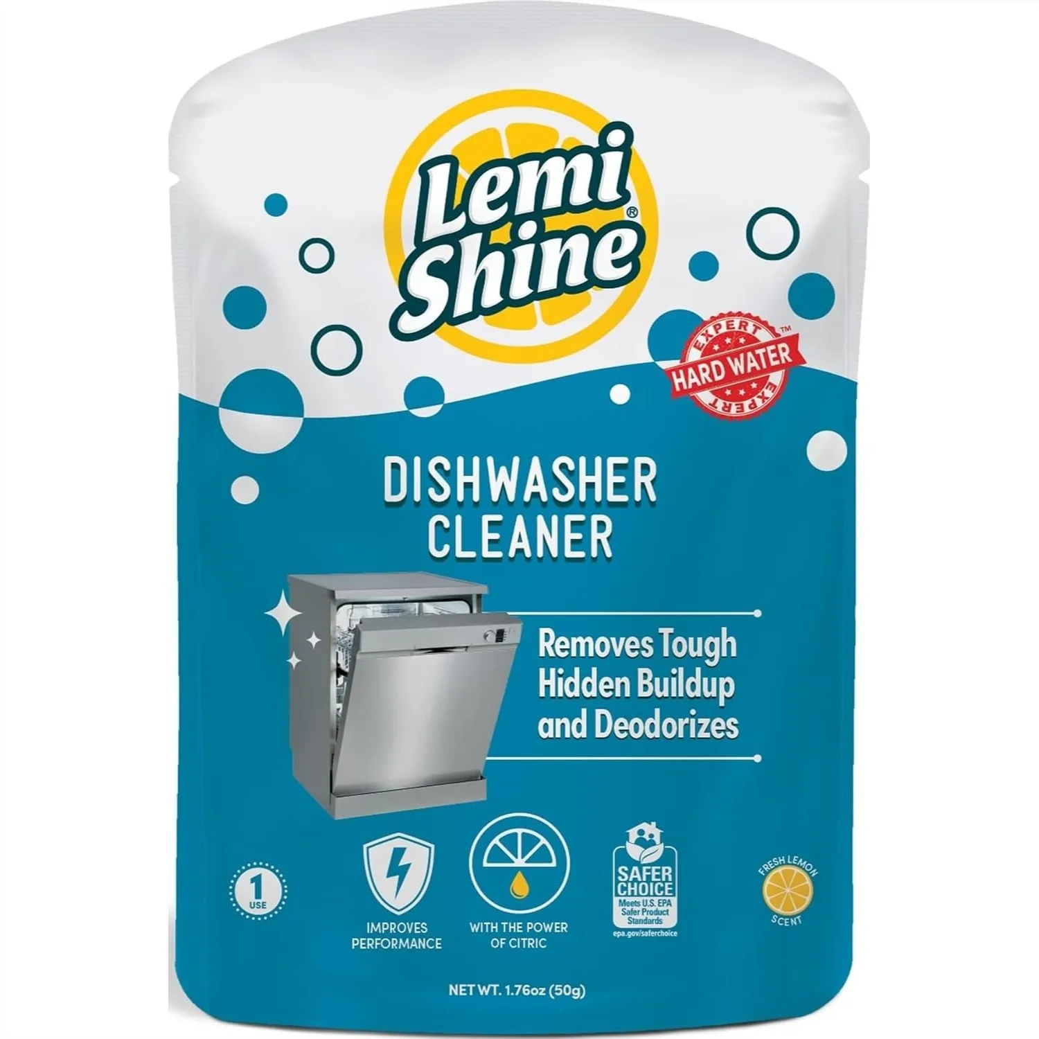 Dishwasher Cleaner and Deodorizer with Citric Acid for Hard Water Stains, Lemon Scented, Removes Odor Buildup, 1.76 oz