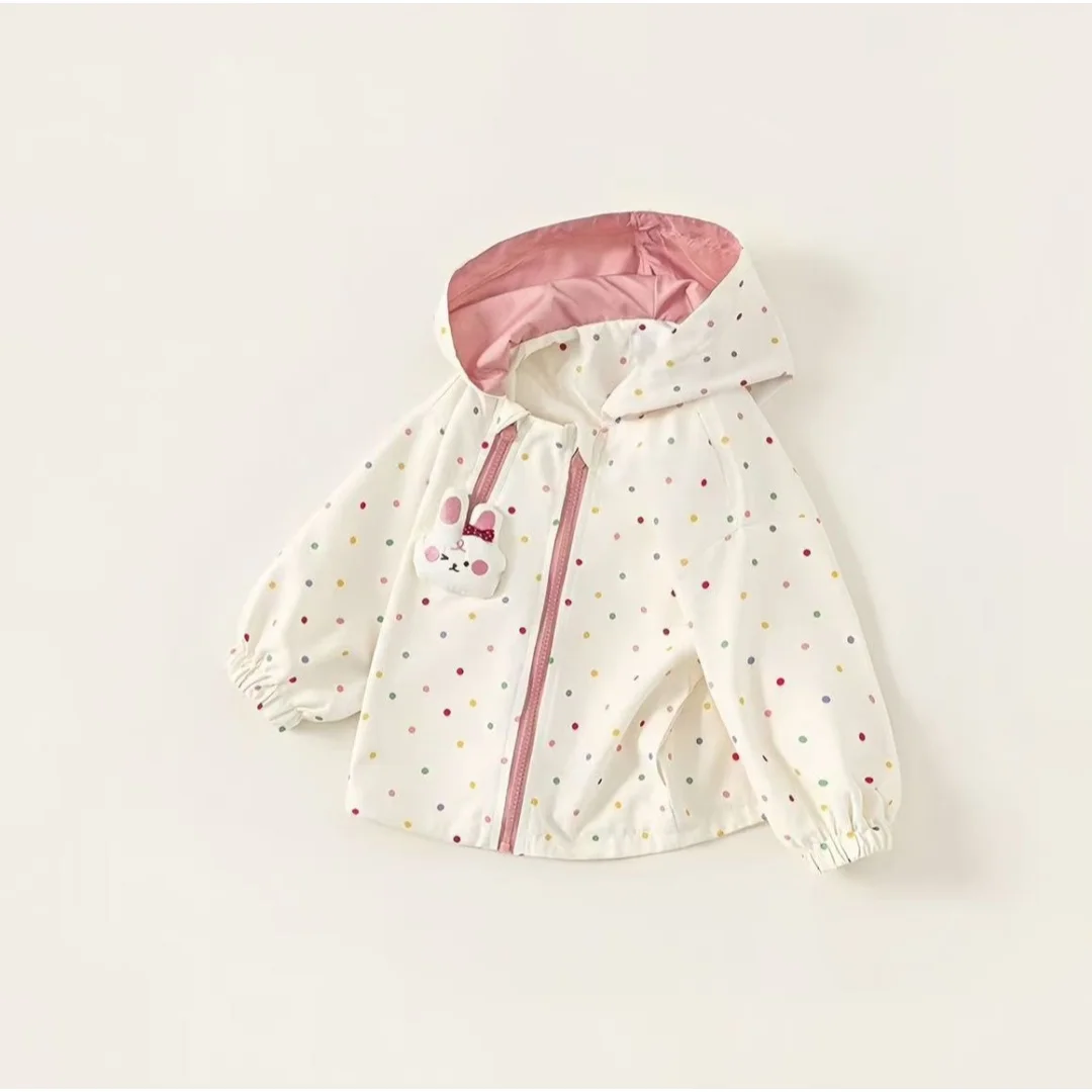 Girls Spring Autumn Coat New Fashion Kids Cute Floral Polka Dot Bunny Hooded Trench Coat Stylish Children Clothing