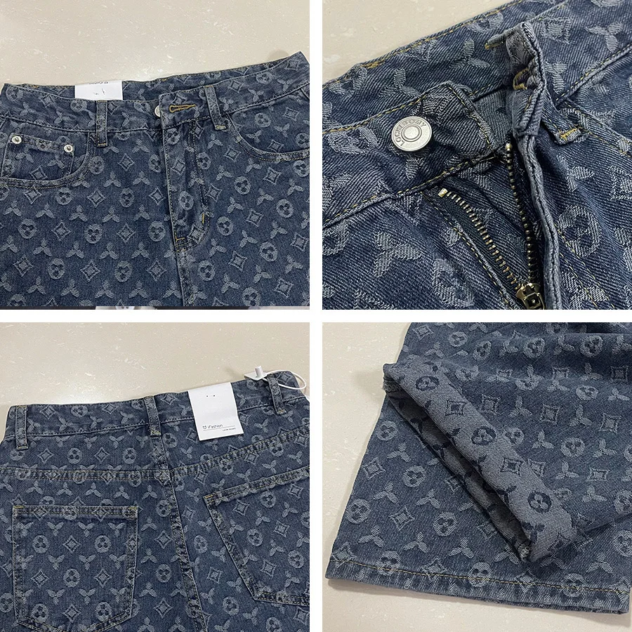 Pantalones vaqueros de Jacquard Retro para hombre, Jeans sueltos, rectos, Estilo Vintage, desgastados, estilo americano, Otoño, Verano