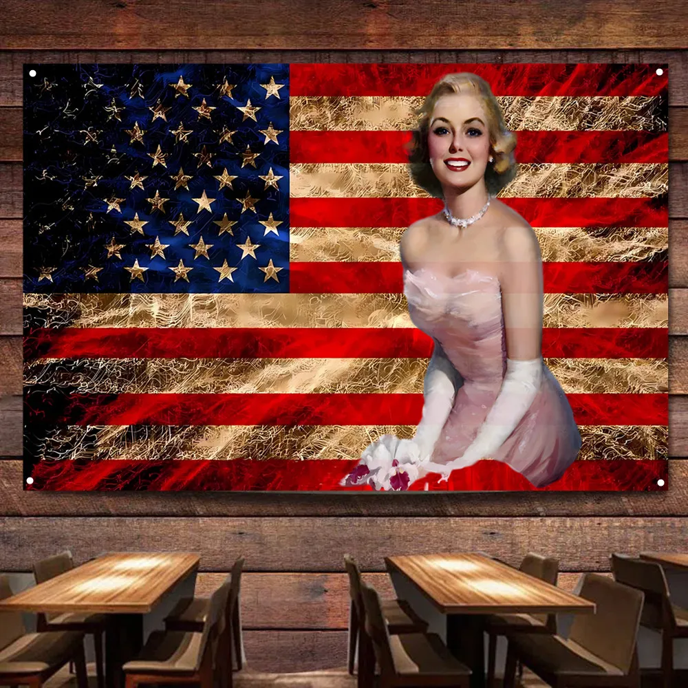 

Creative Vintage American Flag with Sexy Girl Wall Art Posters & Prints Hanging Banner For Bar Cafe Man Cave Home Wall Decor