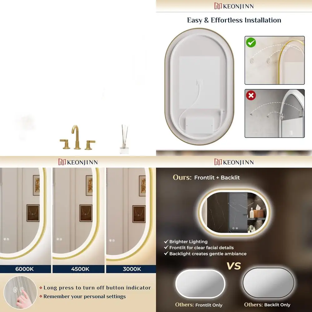 

Овальное LED-зеркало для ванной 20x32 дюйма с золотой рамой, 3 режима освещения, регулировка яркости, защита от запотевания и HD-стекло из закаленного стекла