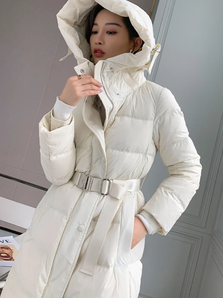 Women\'s Long Coats Down Fashion White Duck Down Coats with Belt Slim Solid Color Oversized Thickened Warm Hooded Down Jacket