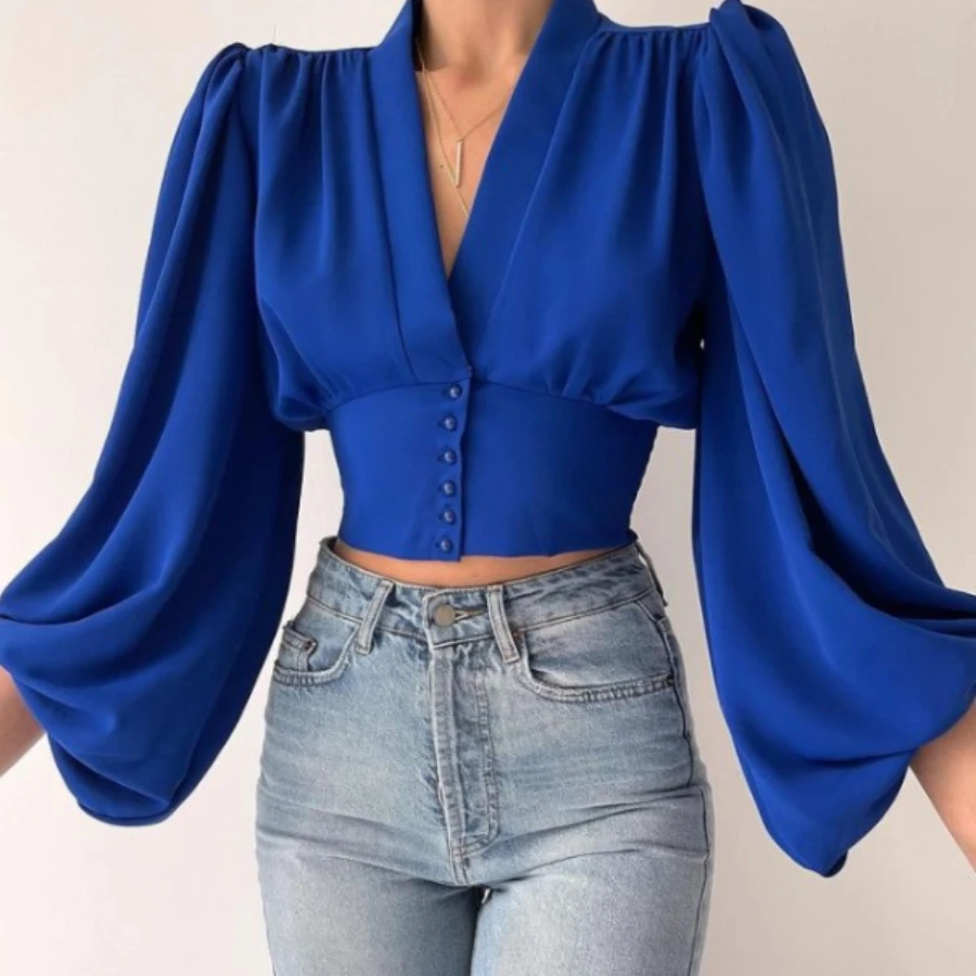 Blouse Plus Size Women Clothing V-neck Puff Sleeve Shirts Elegant Tops Printed Ladies Long Sleeve Button Overshirt Spring Summer