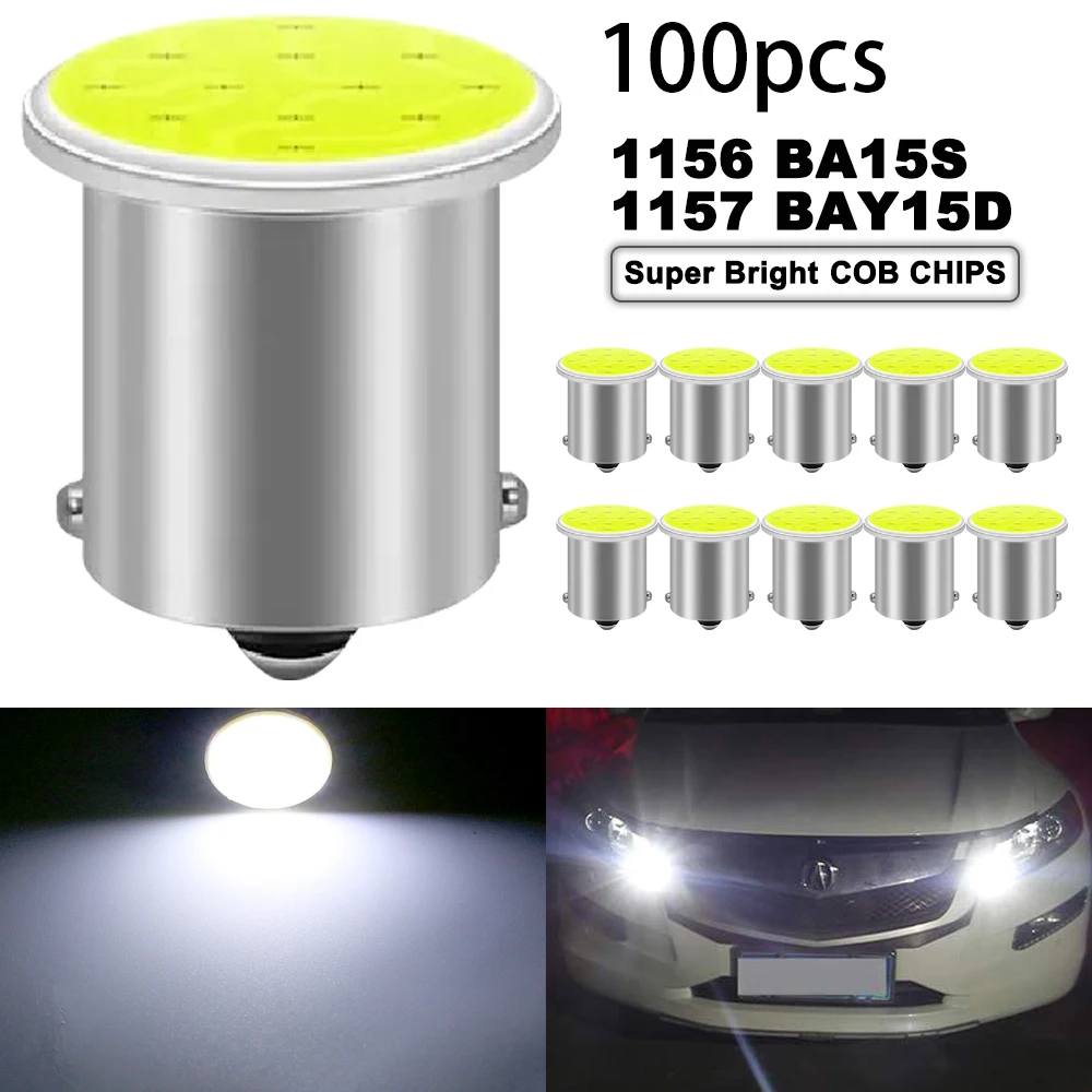 

100pcs Car LED Bulb P21W 1156 Ba15s COB 12SMD Turn Signal Light COB 12V 7000K White Auto Backup Reverse Parking Brake Lamps