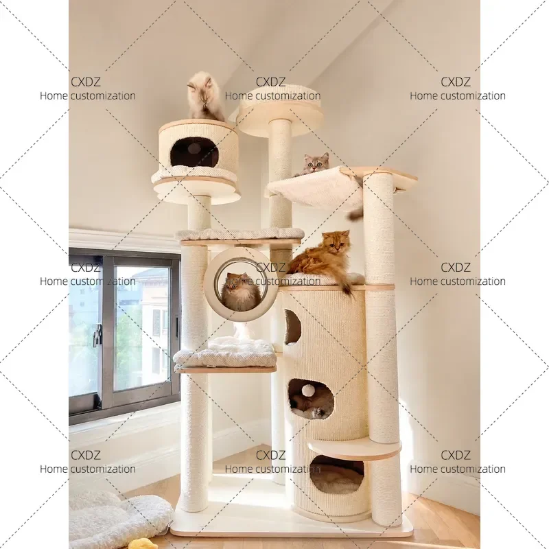 Multi Layer Solid Wood Cat Tree with Nest and Bucket Large Cat Climbing Frame Castle for Household Pet Furniture