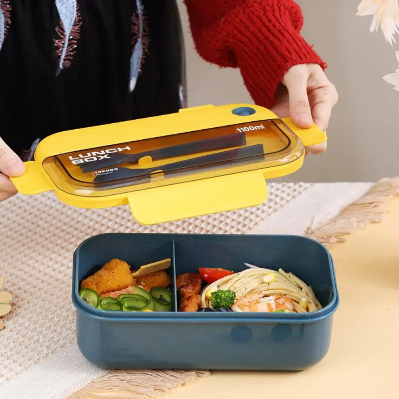 Portable Lunch Box Grid Children Student Office Bento Box with Fork Spoon Leakproof Microwavable Prevent School Food Storage Box