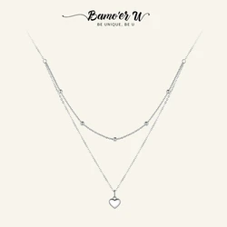 BAMOER U Genuine 925 Sterling Silver Heart Pendant Necklace for Women Silver Double Layers Female Necklaces Fine Jewelry BSN168