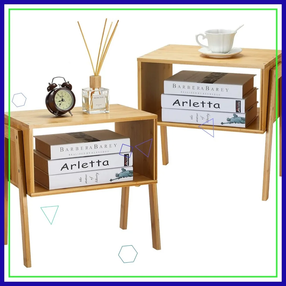 Meja Samping Tempat Tidur Bambu yang Dapat Ditumpuk, Nakas Kayu untuk Penyimpanan Kamar Tidur, Set 2 Buah