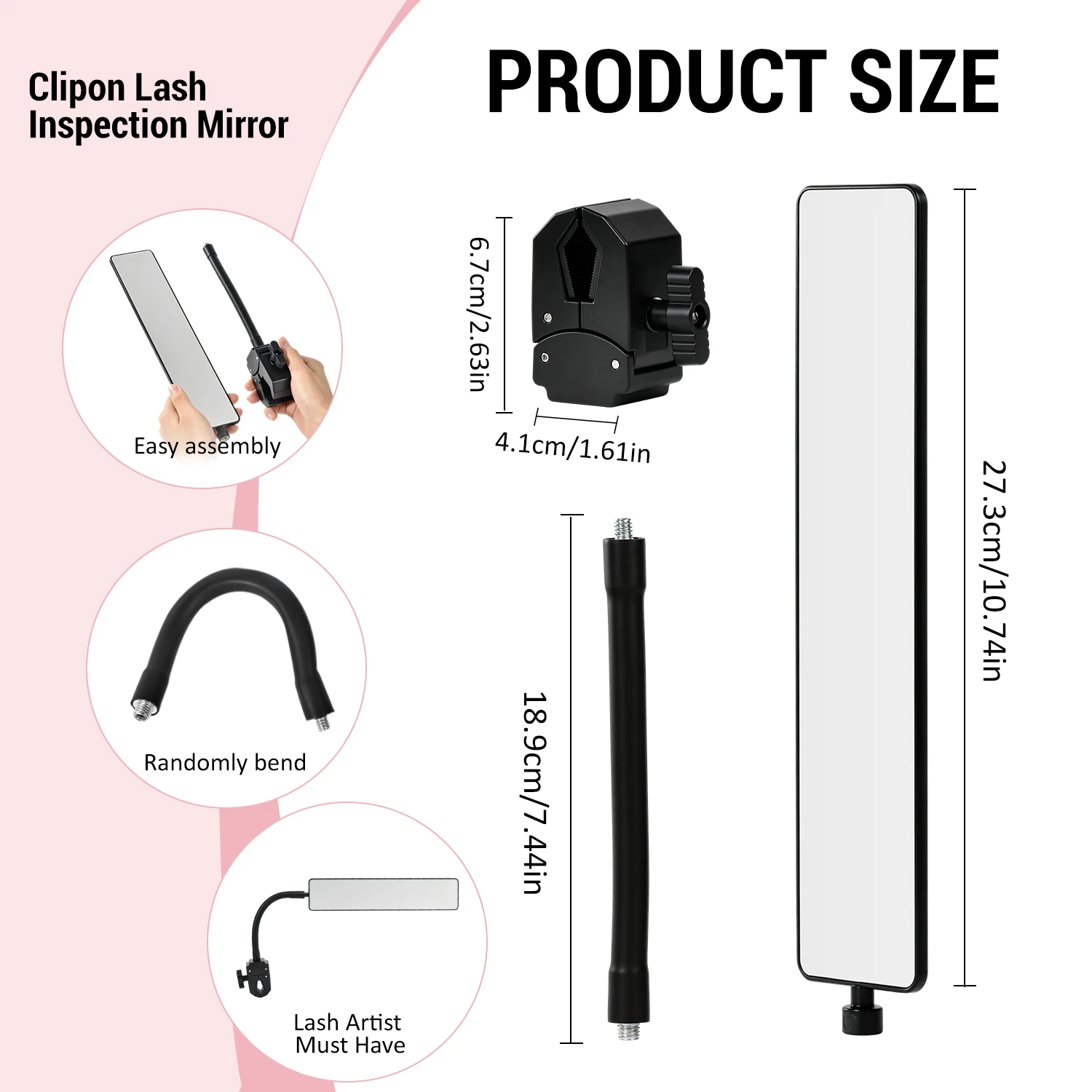 3 Pack Eyelash Extension Mirror with Clip Hands Free Lash Inspection Mirror Connector and Tray Holder Stand Professional Eyelash