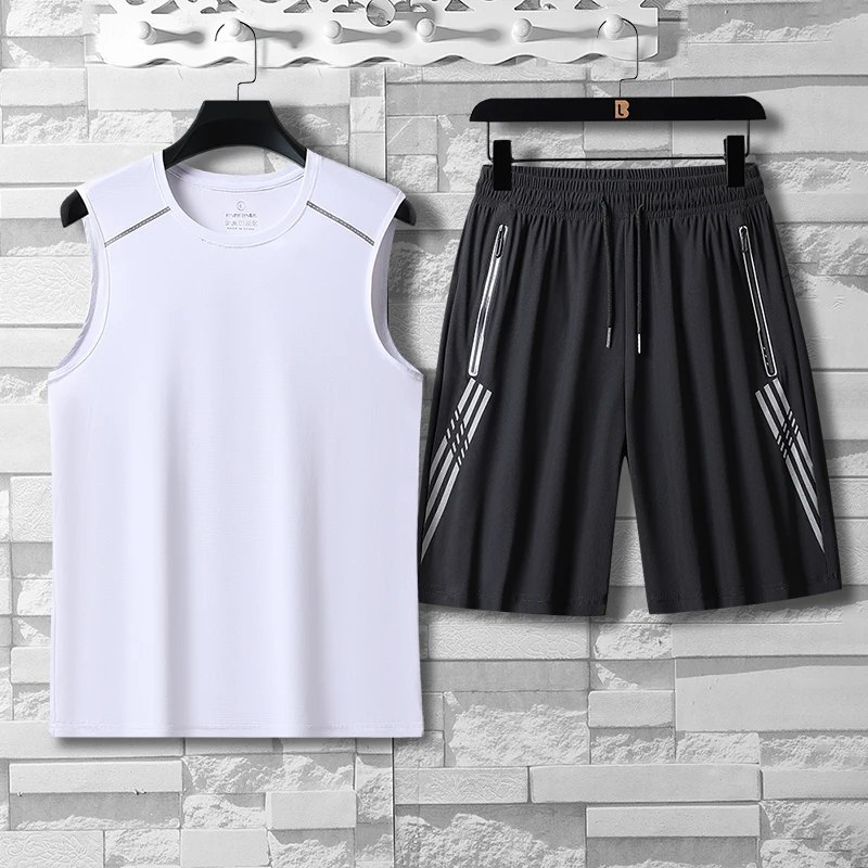 

Ice Silk Sports Tank Top Split Shorts Set For Men's Summer Running Fitness Large Size Quick Drying Sleeveless Shoulder Set