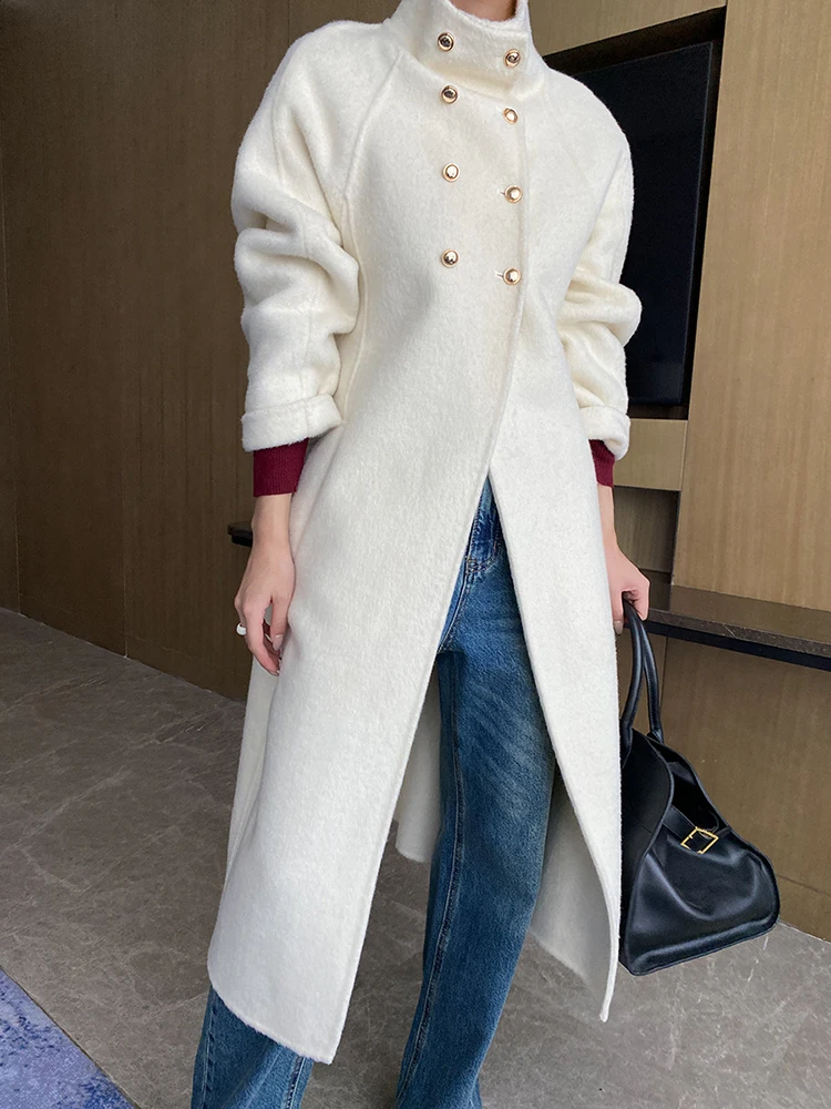 68% Wool Black Big Size Long Woolen Coat New Stand Collar Long Sleeve Women Jacket Fashion Autumn Winter