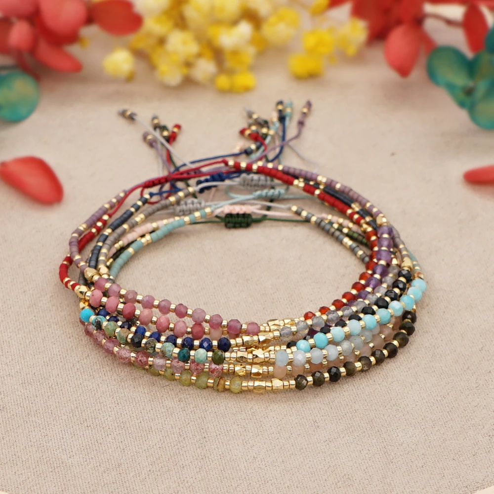 Irregular Crystal Bracelet Colorful Beaded Waterproof Jewelry Handmade Gift for Women Teen Girl Adjustable Rope Chain Bracelets