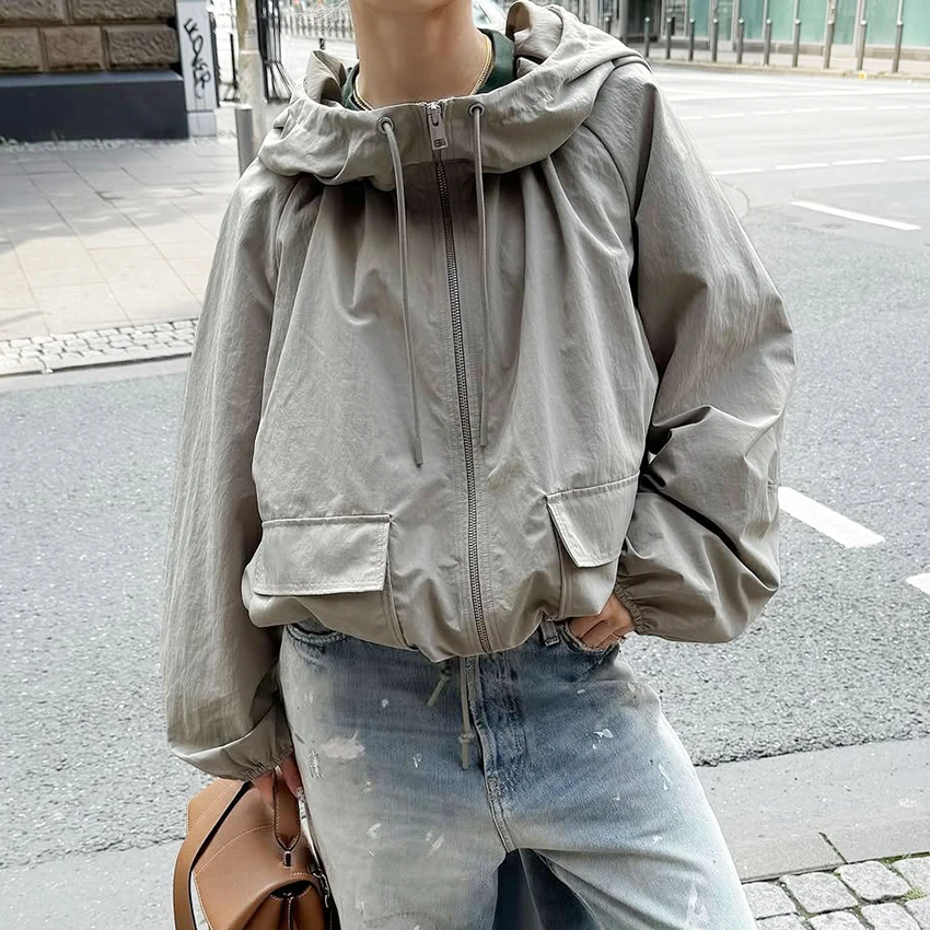 

Linad Street Chic Gray Hooded Coats For Woman Autumn Elegant Long Sleeve Zipper Coats 2025 Casual Lace Up Outerwear With Pocket