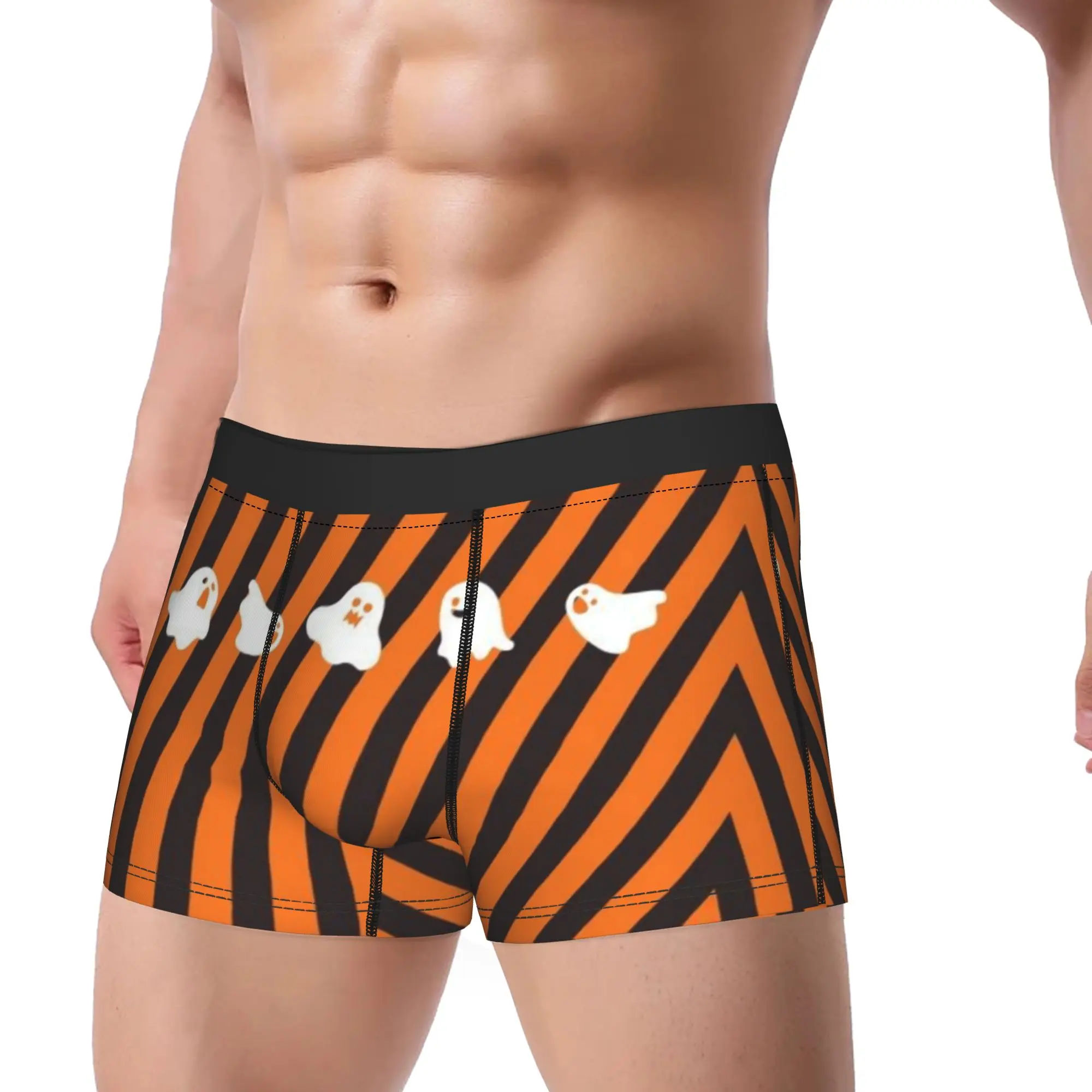Orange Black Stripe Ghost Pattern Print  Underpants Breathbale Panties Male Underwear Comfortable Shorts Boxer Briefs