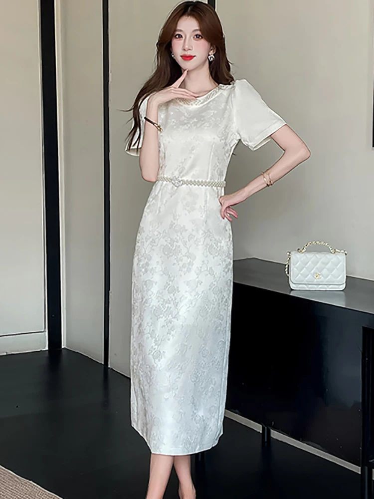 

Summer White Jacquard Beading Bandage Long Dress Women Korean Luxury Party Evening Dress 2025 Elegant Bodycon One Piece Dresses