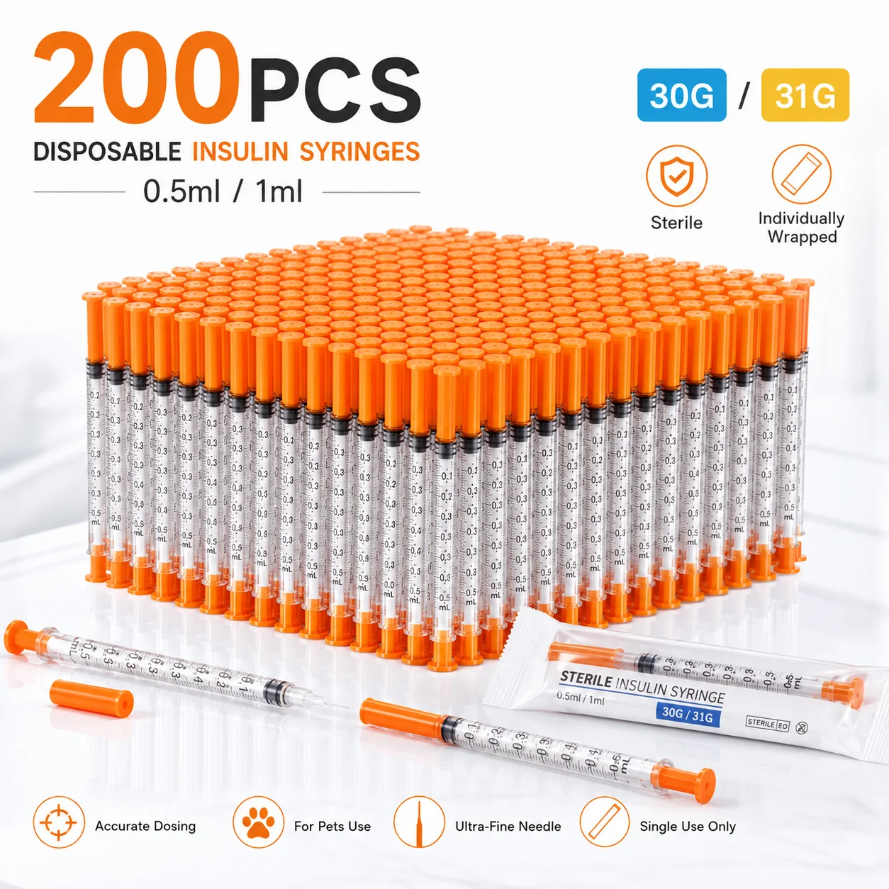 100/200 PCS Sterile Disposable Insulin Injection Syringe Multi Sizes 0.3ml/0.5ml/1ml Individually Wrapped Portable Injector