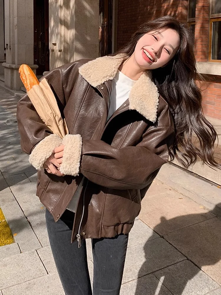 레트로 PU 가죽 재킷, 양털 칼라 여성용 2025년 신상 겨울 루즈핏 모터사이클 가죽 재킷