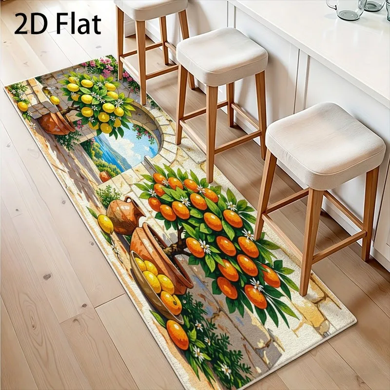Mediterranean Orange Lemon Tree Kitchen Runner Mat Anti Slip Absorbent Rug Fruit Scenery Carpet for Sink Cooking Laundry Room