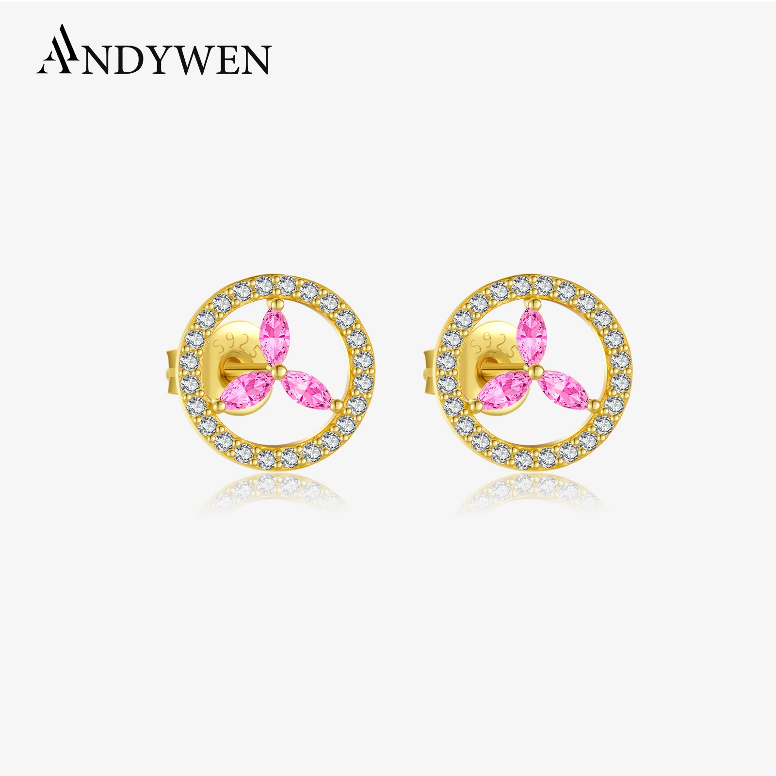 ANDYWEN 925 Sterling Silver 10mm Circle CZ Pink Three Zircon Love Life Stud Earring 2024 Women Luxury Dainty Trendy Gift Jewelry