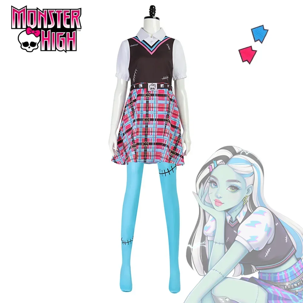 Frankie Stein-Disfraz de Monster High, bata de Manches Courtes Avec Ceinture Uniforme Scolaire Fête D'halloween Pour Femme
