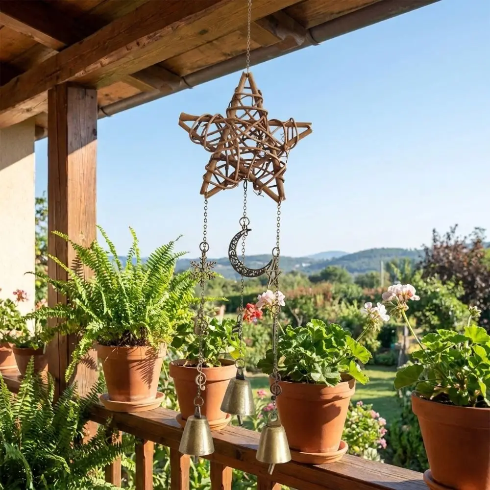 Pastoral Style Rattan Woven Wind Chime Textured Frame Hand Woven Door Hanging Tinkling Sound Five-pointed Star